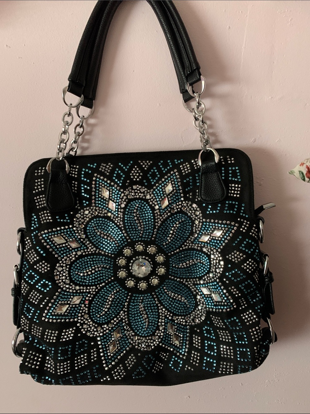 Black Floral Crystal-Embellished Tote Bag